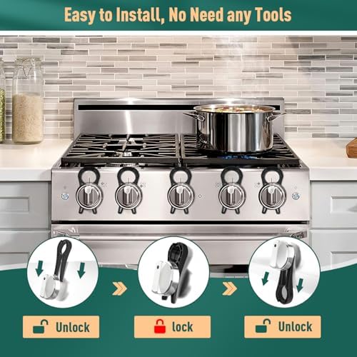 PeachLeaf baby proof stove oven locks installed on kitchen knobs