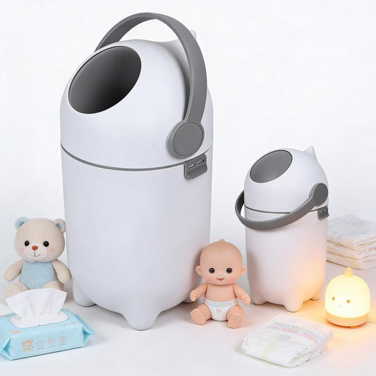 Baby And Toys USA 15L tall diaper pail front view with white design.