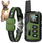 Rechargeable waterproof shock collar for dogs displayed with long range remote transmitter