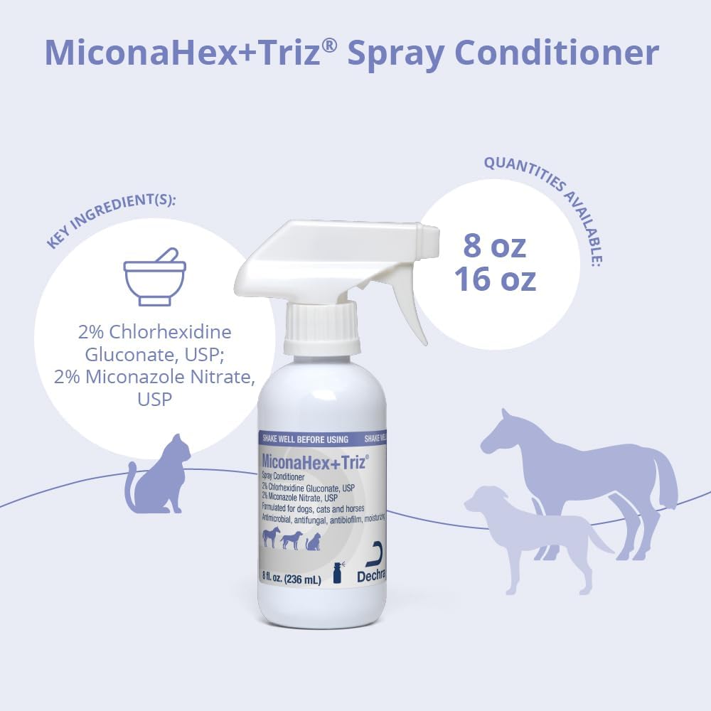MiconaHex Triz antimicrobial spray for dogs cats and horses treating fungal infections.