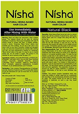 Back panel of Nisha natural black hair mehndi sachet showing the instructions for use and water mixing ratios.