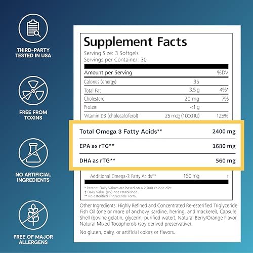 Side profile of PRN DE3 Omega Benefits bottle showcasing manufacturing and Norwegian sourcing details.