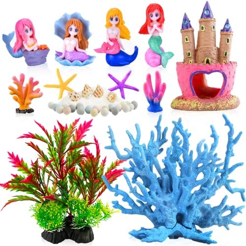 Kooterfun Mermaid Castle Fish Tank Decorations artificial plastic plants and greenery set