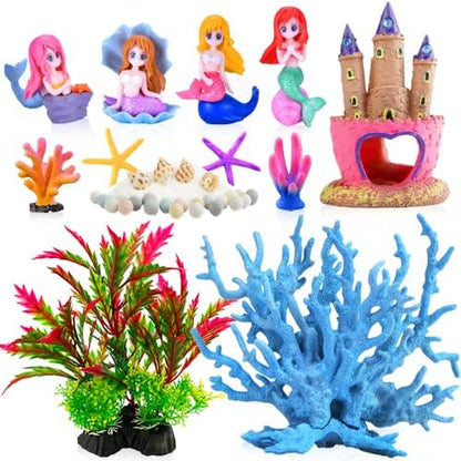 Lohang Kooterfun aquarium ornaments 28 pack display layout featuring mermaid figurines and faux coral reef pieces.