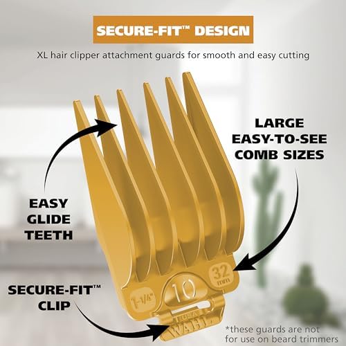 Close up view of the number ten yellow hair clipper guard detailing the precise teeth structure