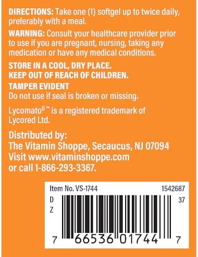 Back label view of The Vitamin Shoppe Lycopene 10 Milligram supplement facts and ingredients