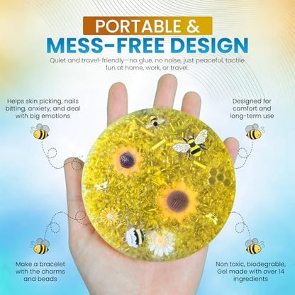 Close up of food grade silicone fidget pad showing embedded sequins and miniature charms.