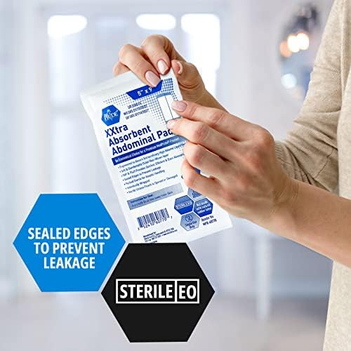 Med Pride sterile five by nine inch ABD combine pads showing the thick absorbent core layers.