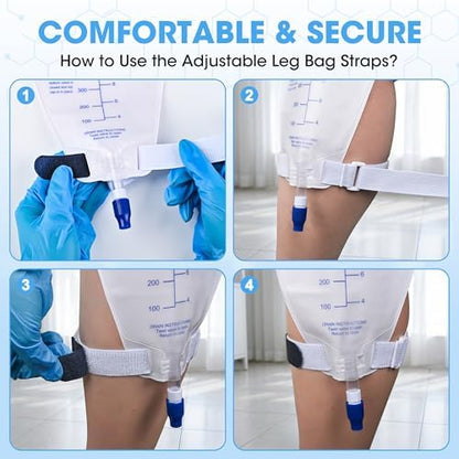 Four piece set of Dedsio catheter leg bag holder straps laid flat