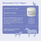 MiconaHex+Triz 2.25 inch round medicated wipes active ingredients and instructions panel