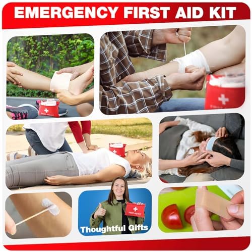 Emergency first aid supplies spread out next to the red durable carrying case