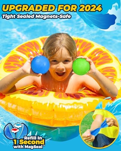Self sealing water balls bursting gently upon impact during a backyard family activity