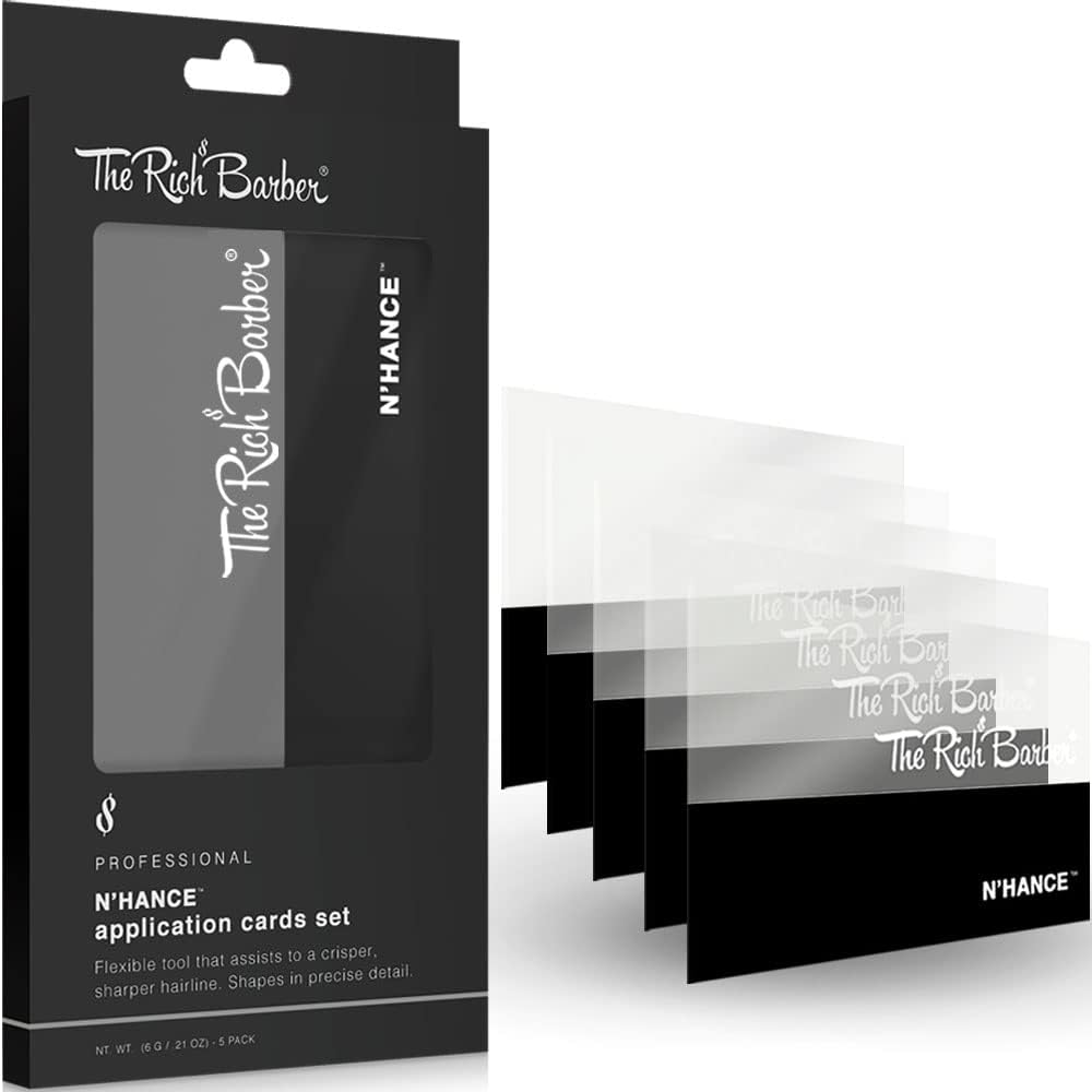 The Rich Barber N'Hance Hair Building Fiber Application Cards 5 Pack front view showing clear plastic design.