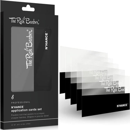 The Rich Barber N'Hance Hair Building Fiber Application Cards 5 Pack front view showing clear plastic design.