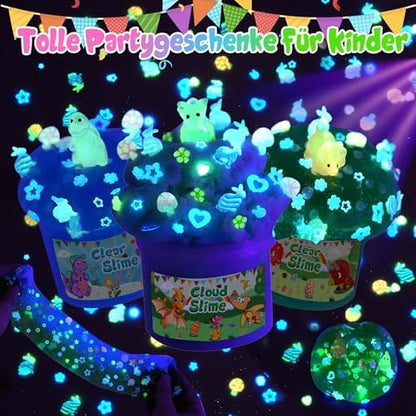 Six individual sixty milliliter jars of LAWOHO dinosaur slime set side by side