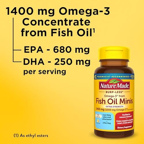 Nature Made Omega 3 Mini Softgels 60 count packaging detailing EPA and DHA nutritional values