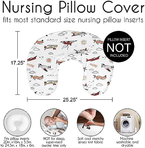 Side angle view of airplane print nursing pillow slipcover