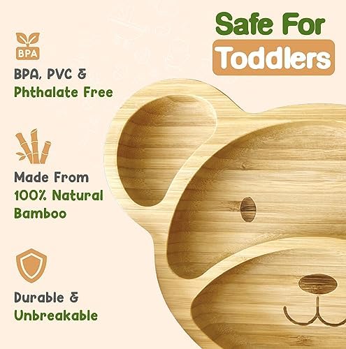 Top view of pink bear shaped bamboo weaning plate