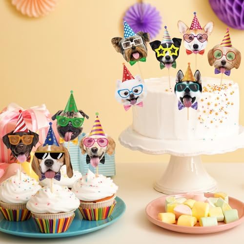 Close up of puppy cupcake topper on a decorated dessert
