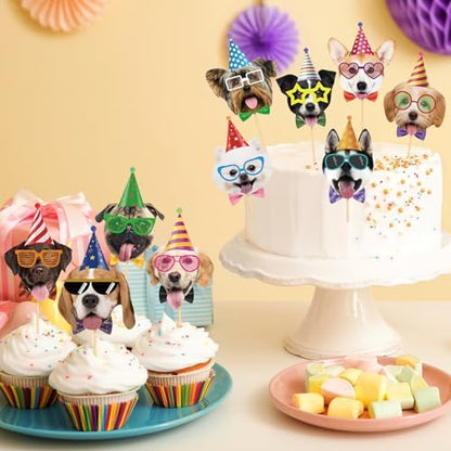 Close up of puppy cupcake topper on a decorated dessert