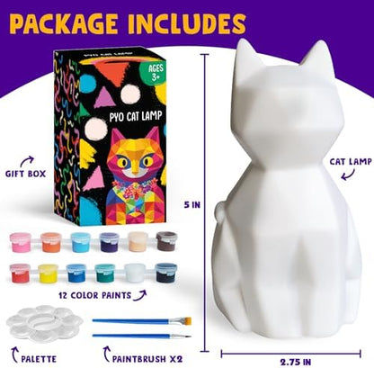 Blank cat night light figure alongside twelve paint colors and brushes