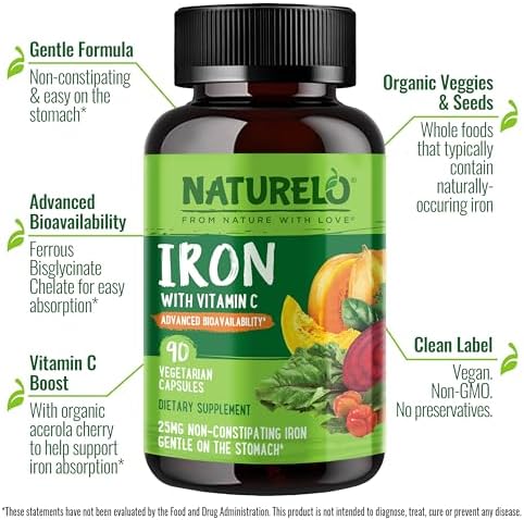 NATURELO gentle non constipating iron pills supplement facts label showing ferrous bisglycinate ingredients