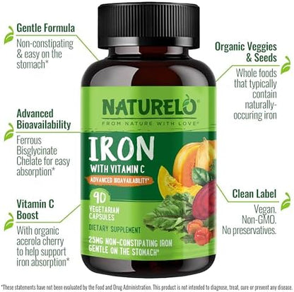 NATURELO gentle non constipating iron pills supplement facts label showing ferrous bisglycinate ingredients