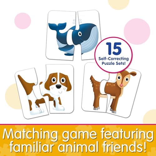 Vibrant self-correcting animal matching puzzle pieces laid out for a toddler memory activity.