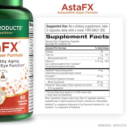 Side view of Purity Products AstaFX bottle showing premium ingredients list.