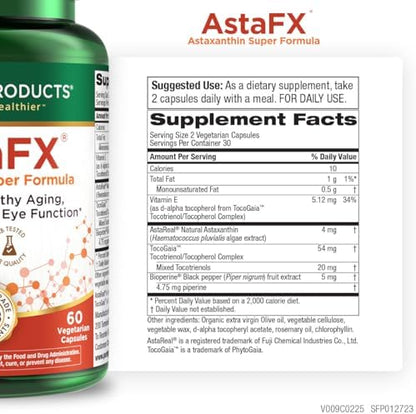 Side view of Purity Products AstaFX bottle showing premium ingredients list.