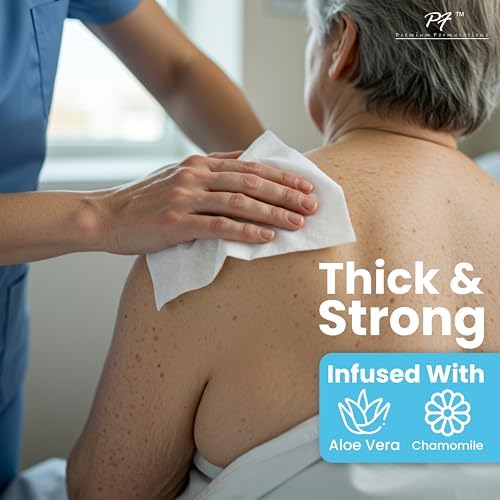 Thick disposable adult wipes with Aloe Vera and Vitamin E for sensitive skin.