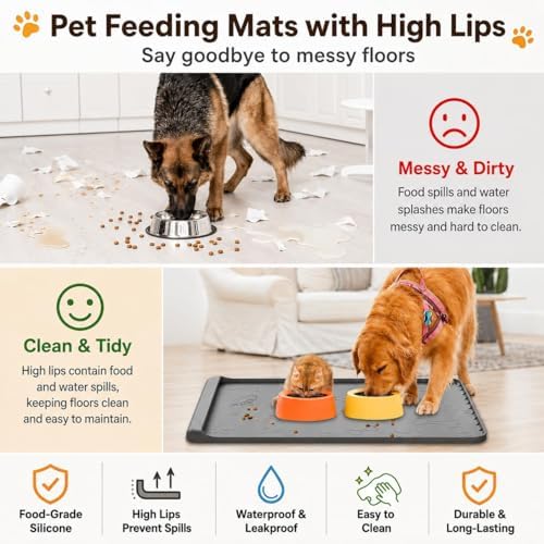 Waterproof gray dog bowl mat on floor