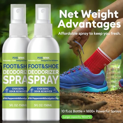 Applying Pixiewink deodorizer spray to athletic sneakers for freshness.
