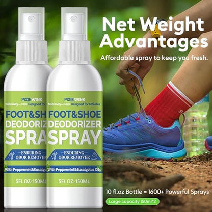 Applying Pixiewink deodorizer spray to athletic sneakers for freshness.