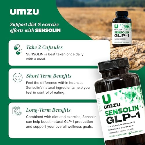 Side profile of UMZU Sensolin health supplement bottle indicating serving size and allergen notes.