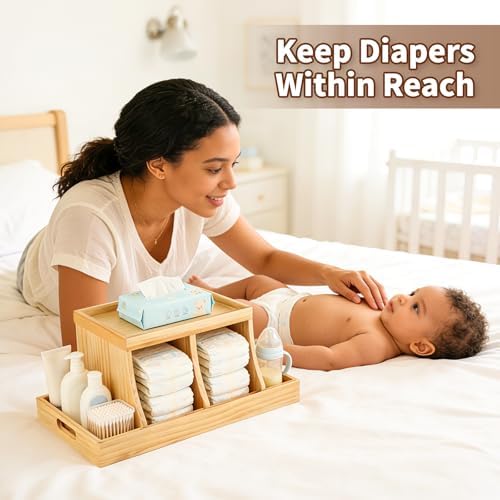 Three Colors Wooden Diaper Caddy Organizer side profile with storage box