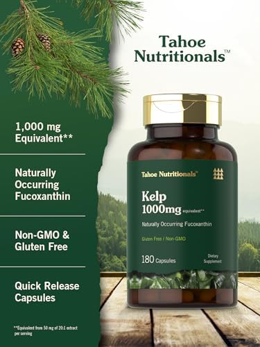 Side view of Tahoe Nutritionals 180 capsule kelp supplement packaging