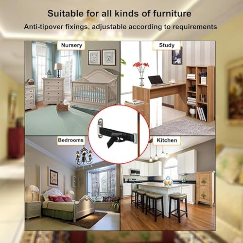 Childproofing setup showing anti fall furniture anchor kit applied to a living room cabinet