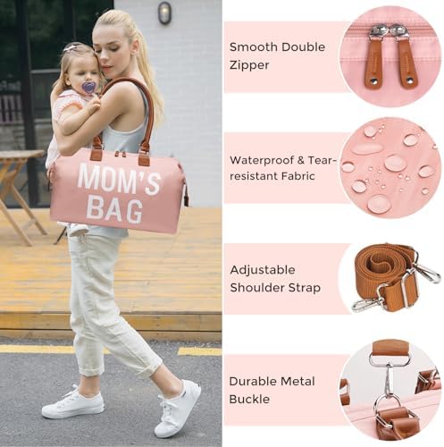 Printe pink mommy tote bag lifestyle angle view
