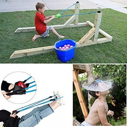 Three person water balloon launcher kit being used for backyard summer games