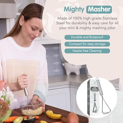 High carbon stainless steel mini masher showing rustproof kitchen tool construction details