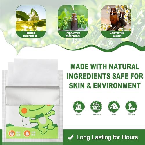 Individually wrapped plant-based bug wipes laid out next to outdoor travel gear.