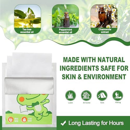 Individually wrapped plant-based bug wipes laid out next to outdoor travel gear.