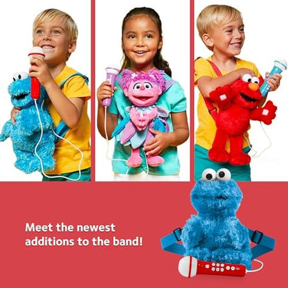 Back view of the Sesame Street sing along crew plush toy showing the secure battery compartment and backpack design.