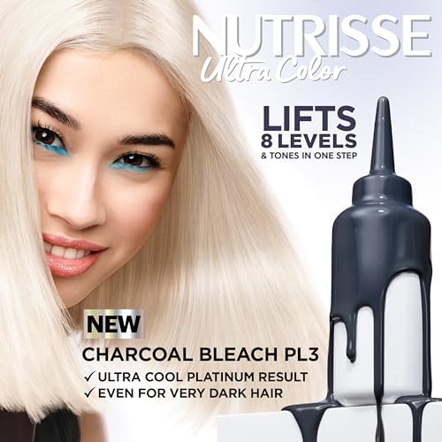 Garnier Nutrisse Charcoal Bleach box side view showing the eight levels of lift color chart.