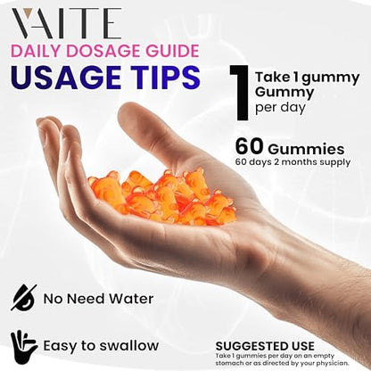 Close up of the non-GMO plant-based ingredients list on the VAITE 60 count gummy bottle.