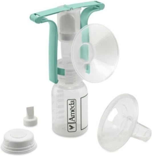 Ameda One-Hand Manual Breast Pump front view showing ergonomic handle and bottle.