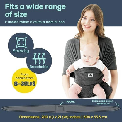 Mother comfortably wearing the adjustable Jeroray swaddle wrap holding an infant securely