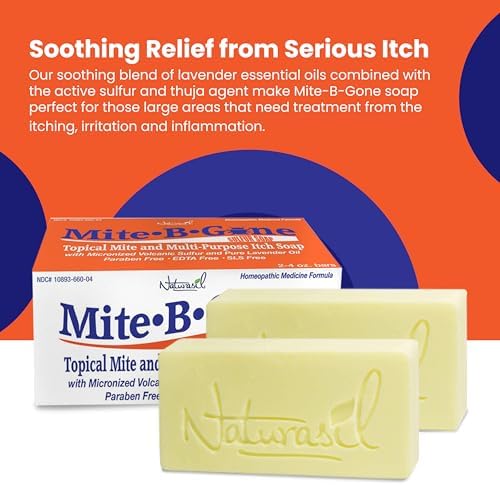 Mite-B-Gone sulfur bar soap displaying the natural homeopathic ingredients for skin mite relief