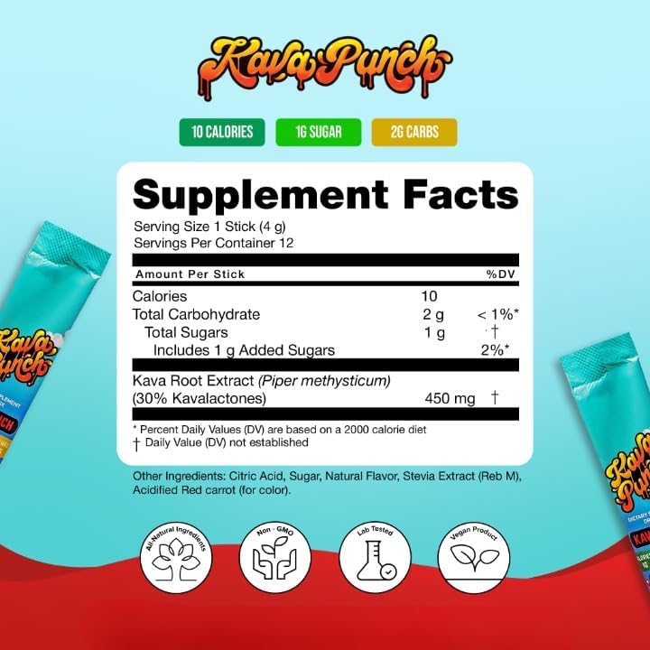Kava Punch non alcoholic relaxation supplement powder stick pack being poured into water